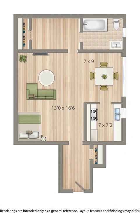 Floor plan for studio, 1 bath, 485 sqft